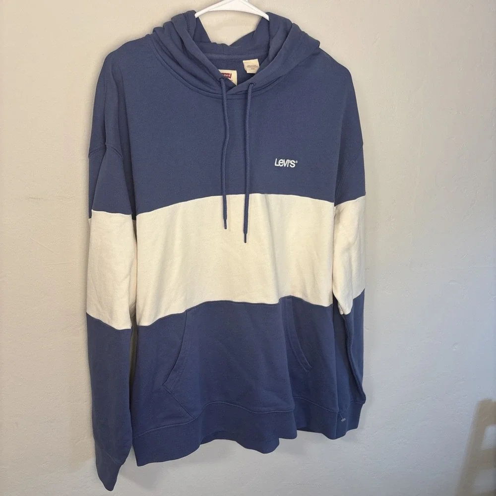 Levi's Hoodie Mens Sweatshirt Hoodie Medium Relaxed White Blue Color block